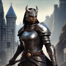 A black female Dragonborn paladin, standing tall and proud in shining armor