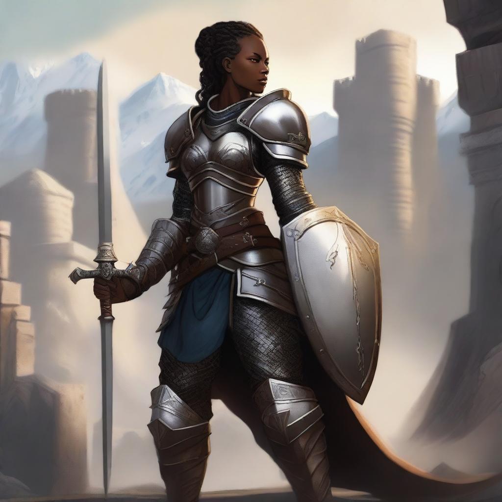 A black female Dragonborn paladin, standing tall and proud in shining armor