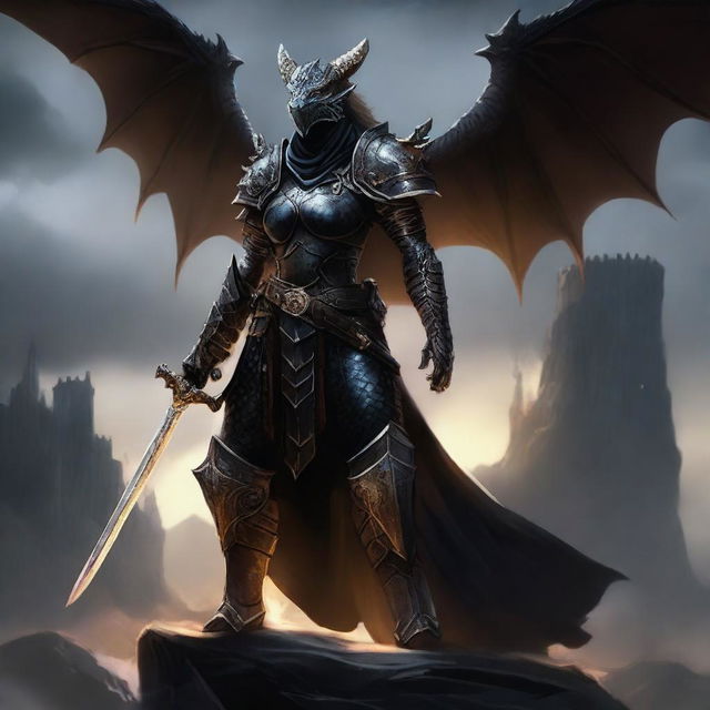 A powerful dragonborn female paladin clad in black armor, standing tall with a glowing sword in hand