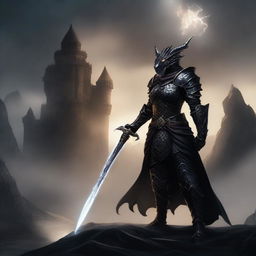 A powerful dragonborn female paladin clad in black armor, standing tall with a glowing sword in hand