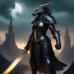 A powerful dragonborn female paladin clad in black armor, standing tall with a glowing sword in hand