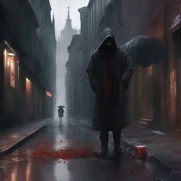 Create a dark and gothic realism style image of a city shrouded in shadows and rain