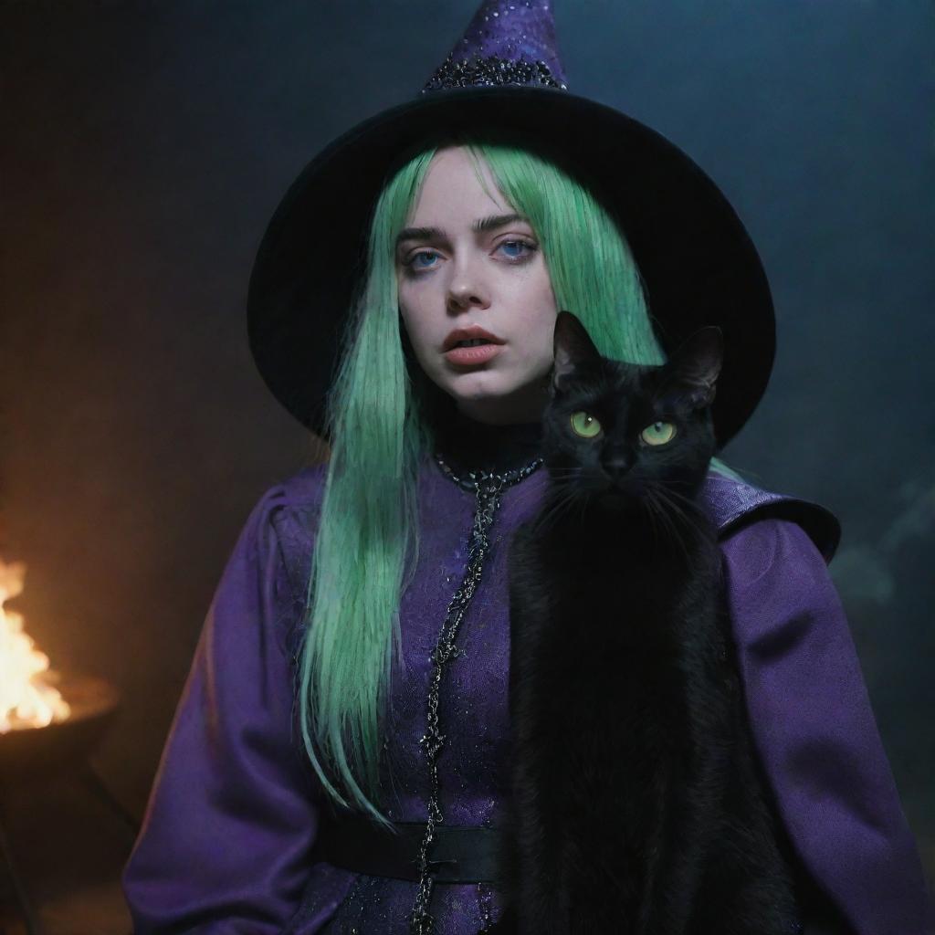 Billie Eilish dressed in an enchanting witch costume, accompanied by a black cat, set in a sci-fi 1960s aesthetic inspired by the movie 'The 10th Victim'. Scene is epic, amazing, and cinematic in a 16:9 aspect ratio.