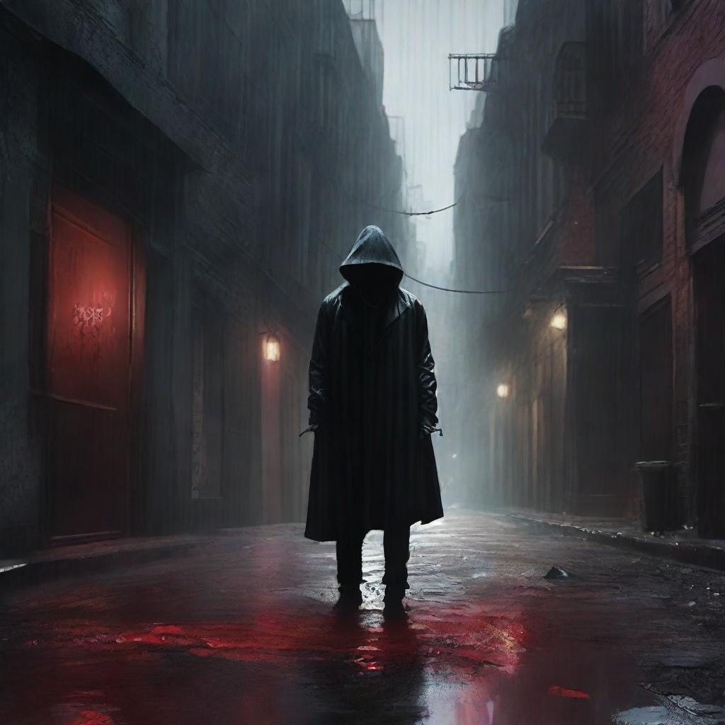 Create a dark and gothic realism style image of a city shrouded in shadows and rain