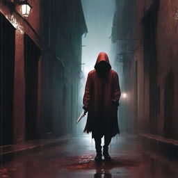 Create a dark and gothic realism style image of a city shrouded in shadows and rain