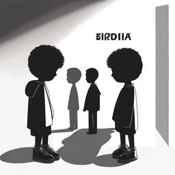 Create an image of the word 'serendipia' with two boys looking at each other in shadow