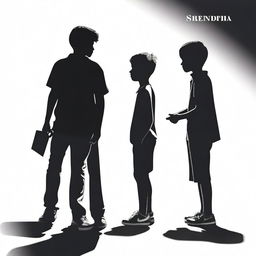 Create an image of the word 'serendipia' with two boys looking at each other in shadow