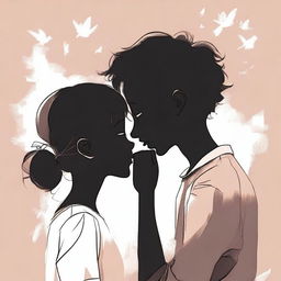 The word 'serendipia' with a boy touching foreheads with a girl, their silhouettes almost kissing, with their lips almost touching