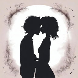 The word 'serendipia' with a boy touching foreheads with a girl, their silhouettes almost kissing, with their lips almost touching