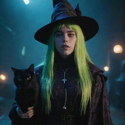 Billie Eilish dressed in an enchanting witch costume, accompanied by a black cat, set in a sci-fi 1960s aesthetic inspired by the movie 'The 10th Victim'. Scene is epic, amazing, and cinematic in a 16:9 aspect ratio.