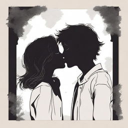 The word 'serendipia' with a boy touching foreheads with a girl, their silhouettes almost kissing, with their lips almost touching