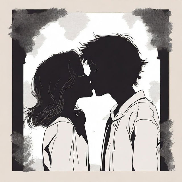 The word 'serendipia' with a boy touching foreheads with a girl, their silhouettes almost kissing, with their lips almost touching