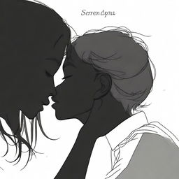 The word 'serendipia' with a boy touching foreheads with a girl, their silhouettes almost kissing, with their lips almost touching