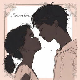 The word 'serendipia' with a boy touching foreheads with a girl, their silhouettes almost kissing, with their lips almost touching