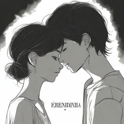 The word 'serendipia' with a boy touching foreheads with a girl, their silhouettes almost kissing, with their lips almost touching