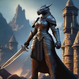 A powerful female dragonborn paladin with black scales, standing in a heroic pose