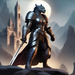 A powerful female dragonborn paladin with black scales, standing in a heroic pose