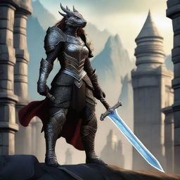 A powerful female dragonborn paladin with black scales, standing in a heroic pose