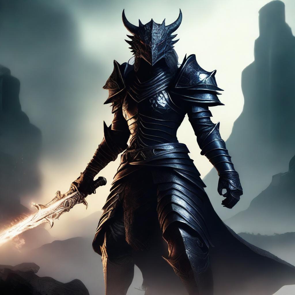 A fierce female Dragonborn paladin clad in black armor, wielding a glowing sword