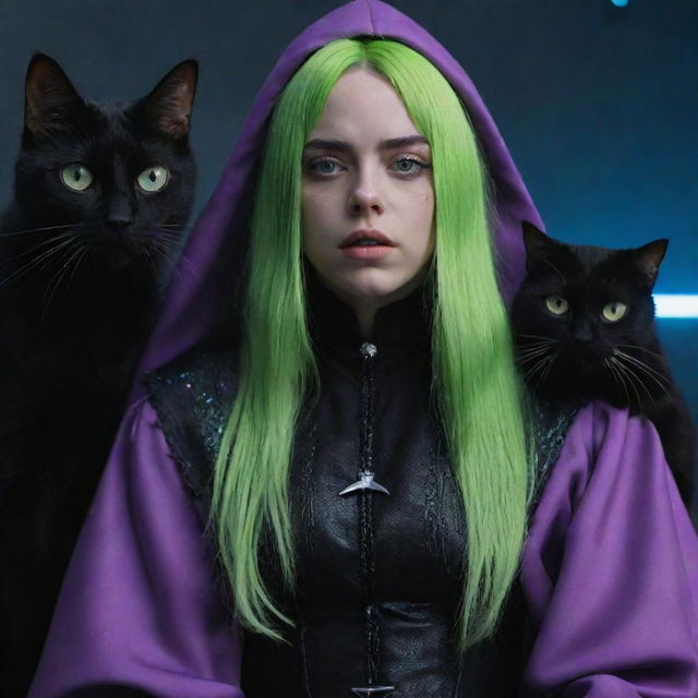 Billie Eilish dressed in an enchanting witch costume, accompanied by a black cat, set in a sci-fi 1960s aesthetic inspired by the movie 'The 10th Victim'. Scene is epic, amazing, and cinematic in a 16:9 aspect ratio.