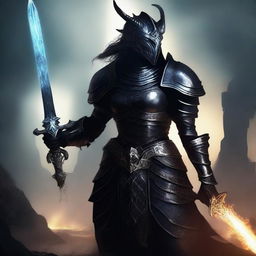 A fierce female Dragonborn paladin clad in black armor, wielding a glowing sword