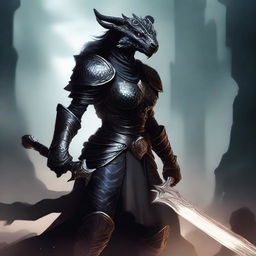 A fierce female Dragonborn paladin clad in black armor, wielding a glowing sword