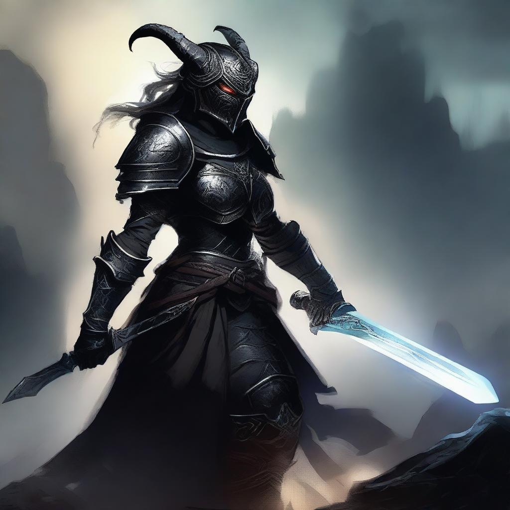 A fierce female Dragonborn paladin clad in black armor, wielding a glowing sword