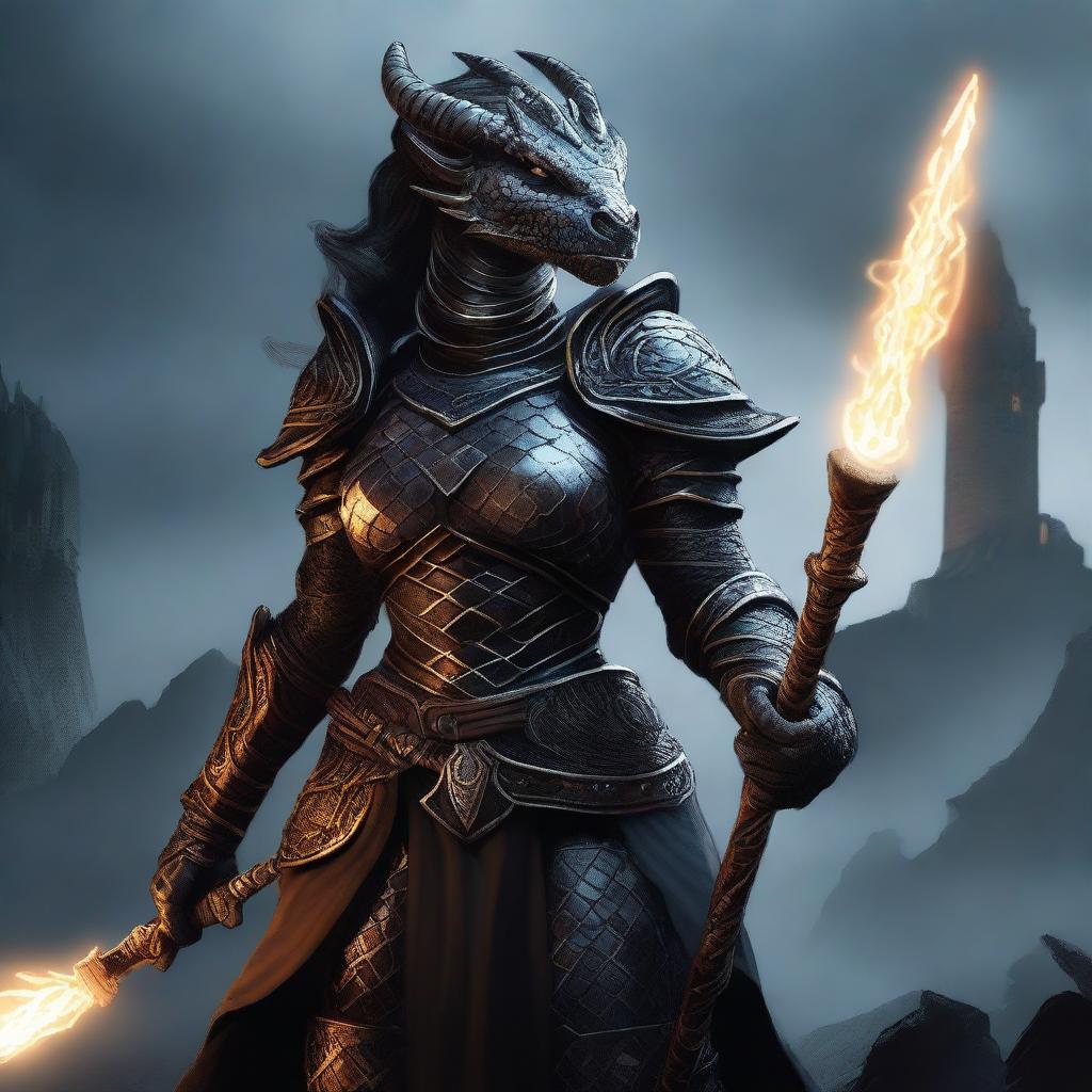 A powerful female dragonborn cleric with black scales, adorned in intricate armor and holding a glowing staff