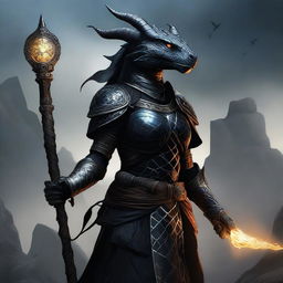 A powerful female dragonborn cleric with black scales, adorned in intricate armor and holding a glowing staff