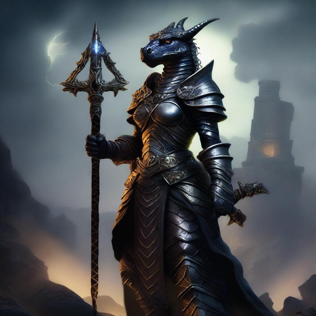 A powerful female dragonborn cleric with black scales, adorned in intricate armor and holding a glowing staff