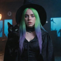 Billie Eilish dressed in an enchanting witch costume, accompanied by a black cat, set in a sci-fi 1960s aesthetic inspired by the movie 'The 10th Victim'. Scene is epic, amazing, and cinematic in a 16:9 aspect ratio.