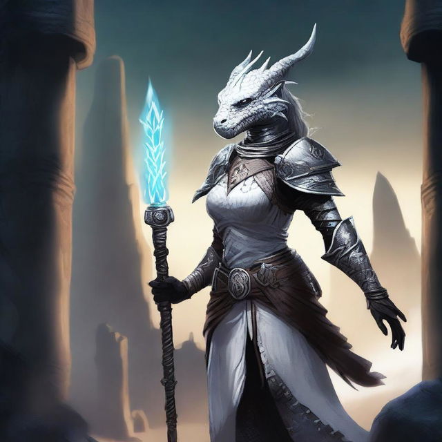 A female Dragonborn cleric with black scales, wearing pristine white armor