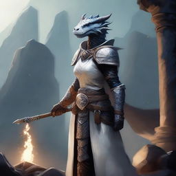 A female Dragonborn cleric with black scales, wearing pristine white armor