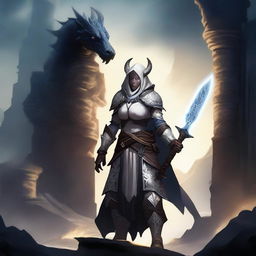 A female Dragonborn cleric with black scales, wearing pristine white armor