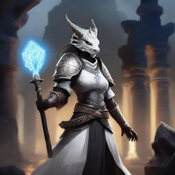 A female Dragonborn cleric with black scales, wearing pristine white armor