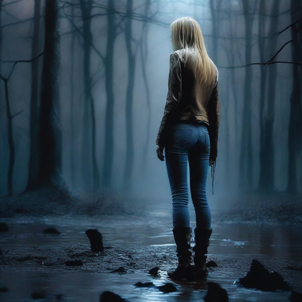 A thin forty-year-old woman with her back turned, long blonde hair, wearing a brown leather jacket, blue jeans, and black boots