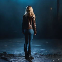 A thin forty-year-old woman with her back turned, long blonde hair, wearing a brown leather jacket, blue jeans, and black boots