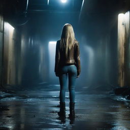 A thin forty-year-old woman with her back turned, long blonde hair, wearing a brown leather jacket, blue jeans, and black boots