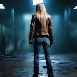 A thin forty-year-old woman with her back turned, long blonde hair, wearing a brown leather jacket, blue jeans, and black boots