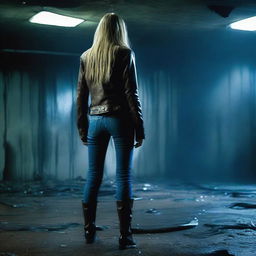 A thin forty-year-old woman with her back turned, long blonde hair, wearing a brown leather jacket, blue jeans, and black boots