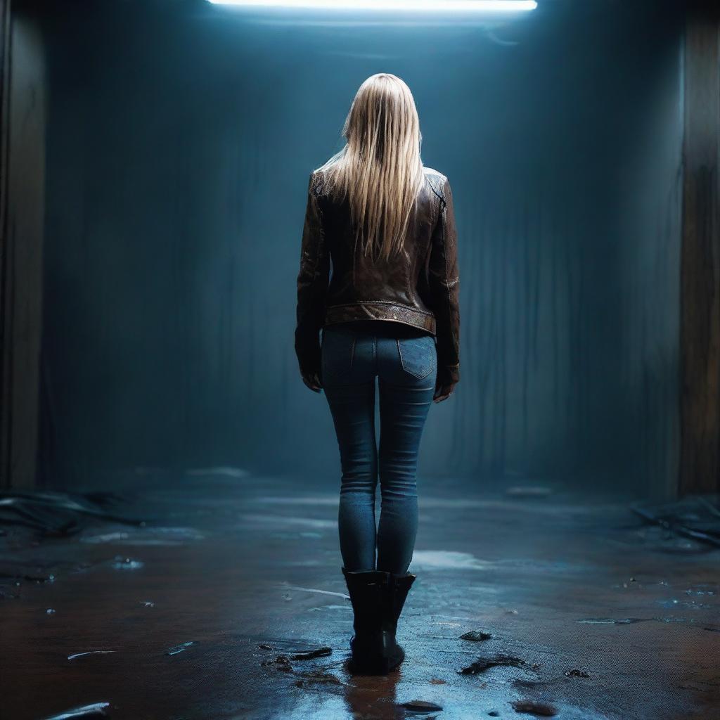 A thin forty-year-old woman with her back turned, long blonde hair, wearing a brown leather jacket, blue jeans, and black boots