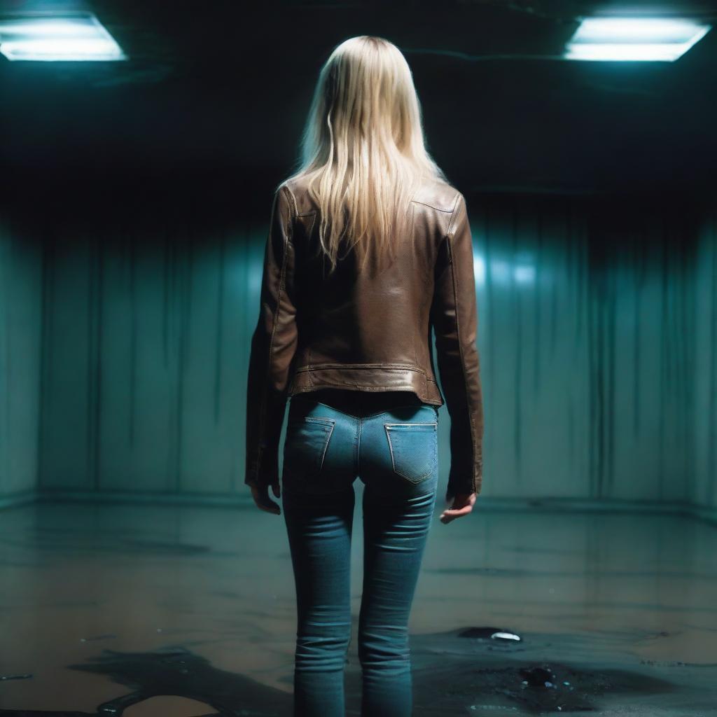 A thin woman in her forties, viewed from behind, with long blonde hair, wearing a brown leather jacket, blue jeans, and black boots