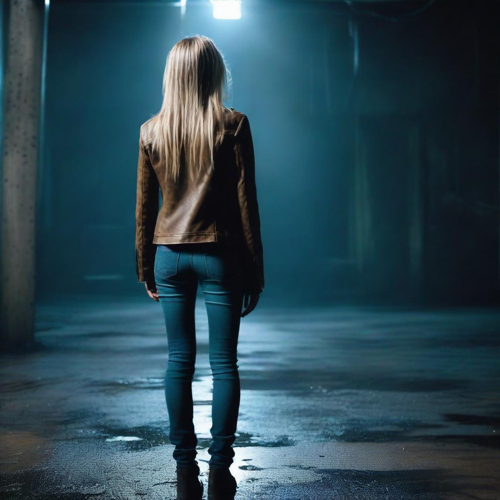 A thin woman in her forties, viewed from behind, with long blonde hair, wearing a brown leather jacket, blue jeans, and black boots