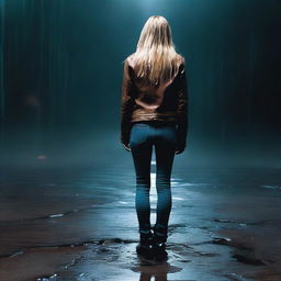 A thin woman in her forties, viewed from behind, with long blonde hair, wearing a brown leather jacket, blue jeans, and black boots