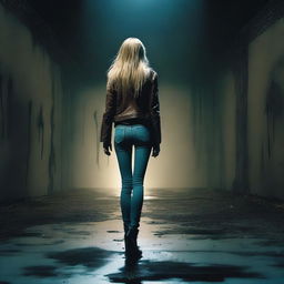 A thin woman in her forties, viewed from behind, with long blonde hair, wearing a brown leather jacket, blue jeans, and black boots