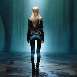 A thin woman in her forties, viewed from behind, with long blonde hair, wearing a brown leather jacket, blue jeans, and black boots