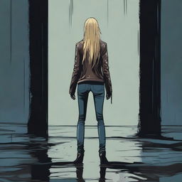 A thin woman in her forties, viewed from behind, with long blonde hair, wearing a brown leather jacket, blue jeans, and black boots