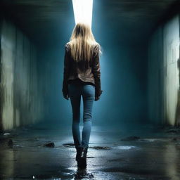 A thin woman in her forties, viewed from behind, with long blonde hair, wearing a brown leather jacket, blue jeans, and black boots