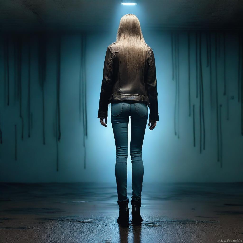 A thin woman in her forties, viewed from behind, with long blonde hair, wearing a brown leather jacket, blue jeans, and black boots