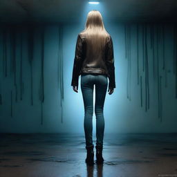 A thin woman in her forties, viewed from behind, with long blonde hair, wearing a brown leather jacket, blue jeans, and black boots